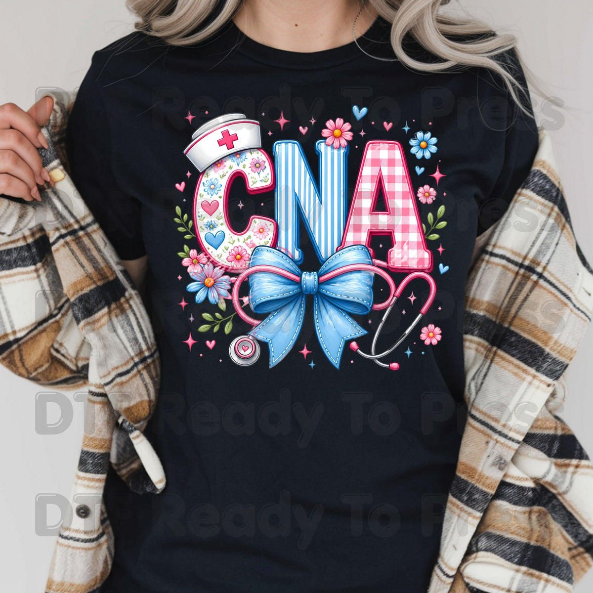 CNA Floral Bow DTF Transfers, Coquette Nurse Stethoscope Pink Blue Medical Graphic Ready to Press