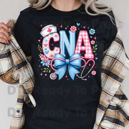 CNA Floral Bow DTF Transfers, Coquette Nurse Stethoscope Pink Blue Medical Graphic Ready to Press