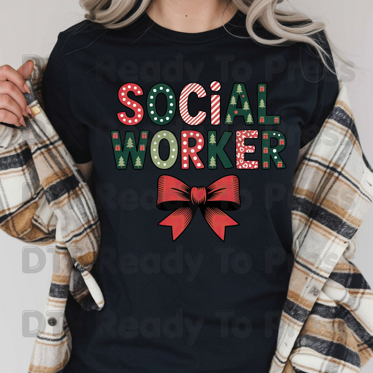 Christmas Social Worker DTF Transfers, Holiday Social Work Red Bow Pattern Ready to Press