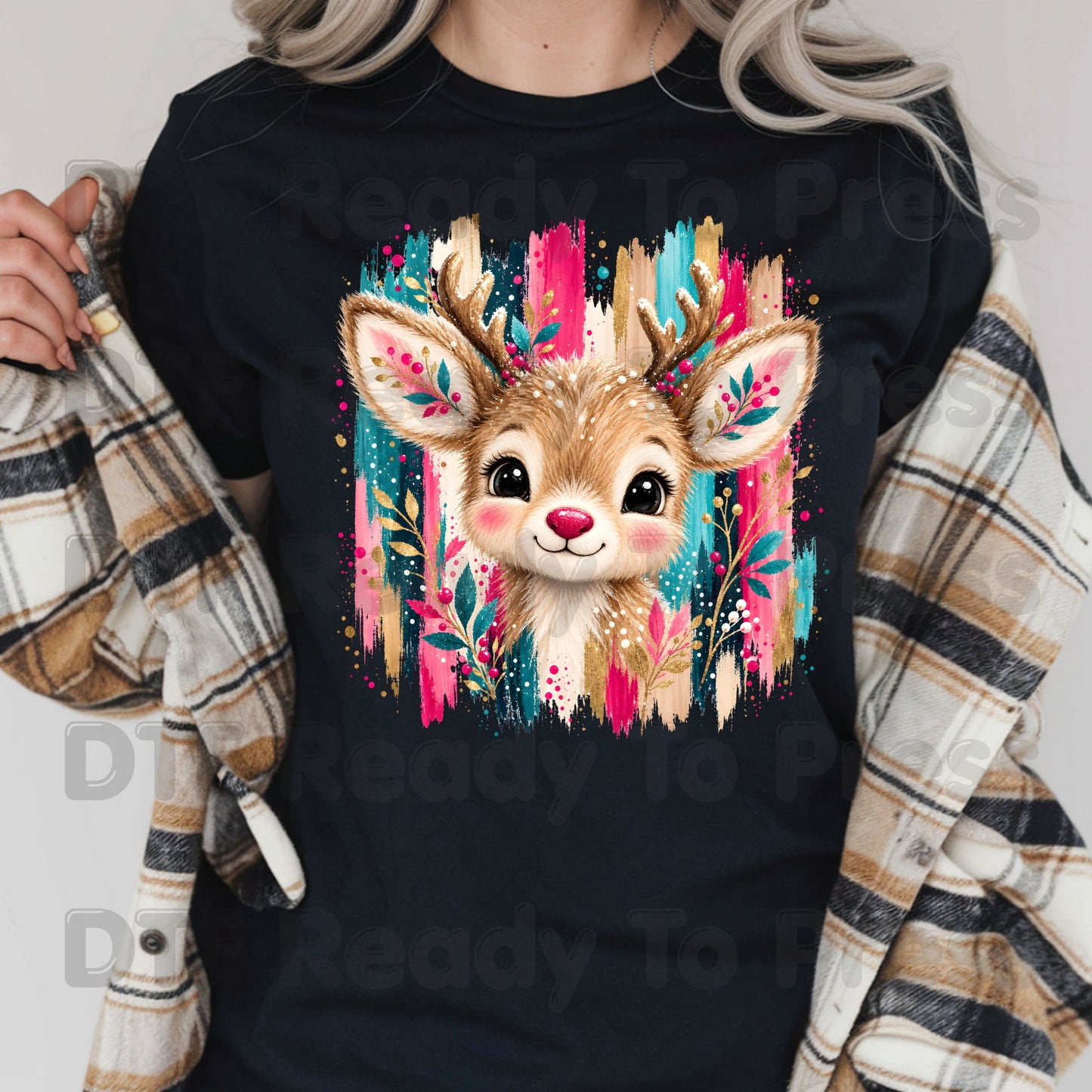 Cute Christmas Reindeer DTF Transfers, Colorful Floral Antlers Pink Teal Gold Holiday Ready to Press.