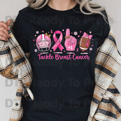 Tackle Breast Cancer Awareness DTF Transfer Ready to Press Heat Transfer Football Ribbon Tee
