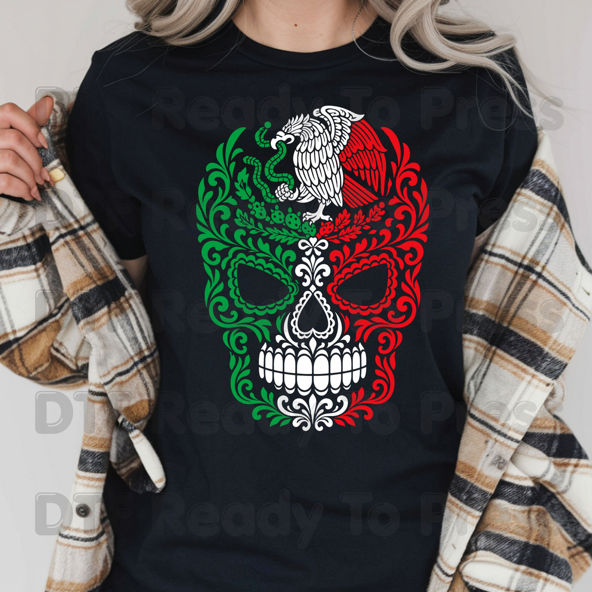 Mexican Flag Sugar Skull DTF Transfers, Eagle Coat of Arms Dia de los Muertos Ready to Press