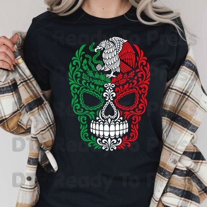 Mexican Flag Sugar Skull DTF Transfers, Eagle Coat of Arms Dia de los Muertos Ready to Press