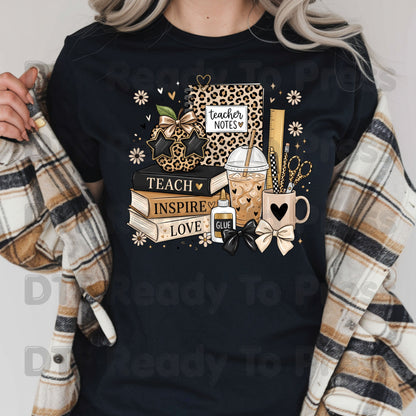 Teach Inspire Love Leopard Teacher DTF Transfers, Notebook Coffee Iced Drink Ready to Press