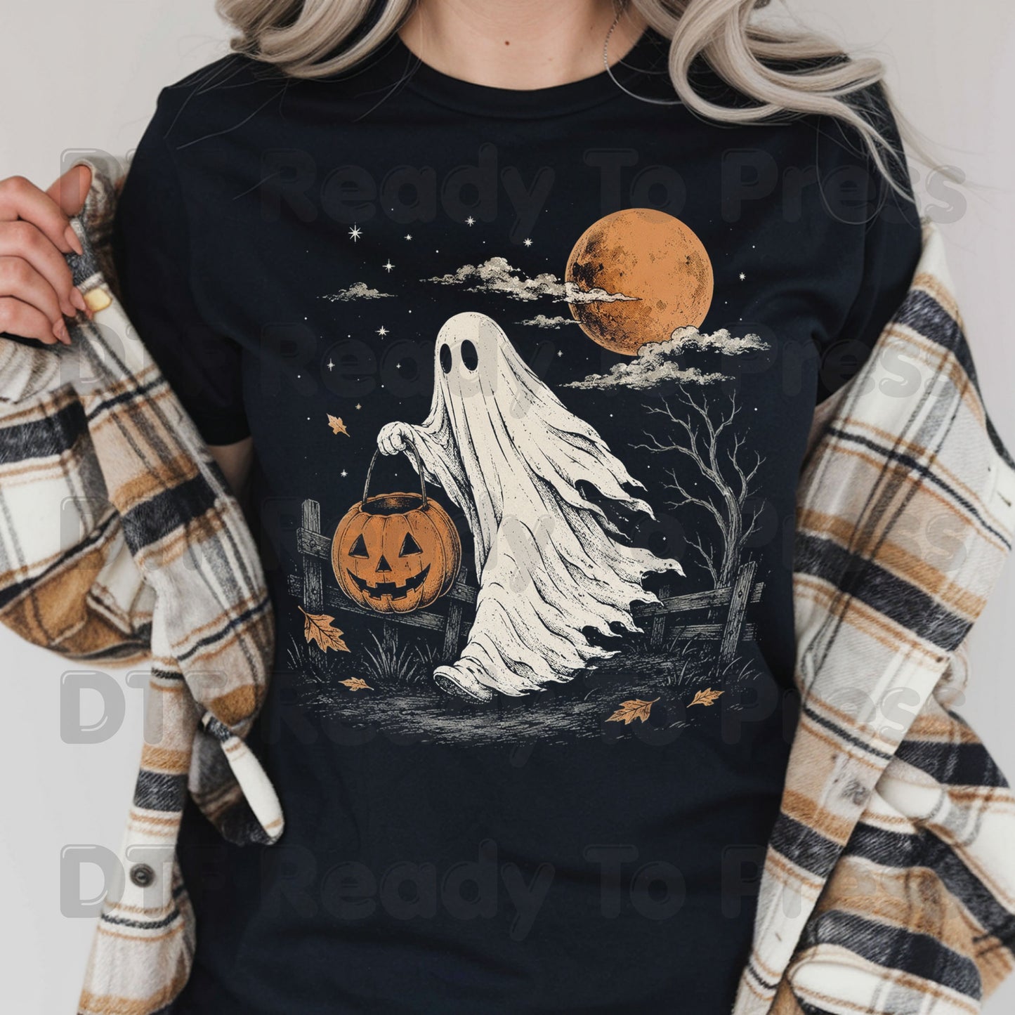 Vintage Halloween Ghost DTF Transfers, Jack O Lantern Full Moon Sepia Neutral Tones Spooky Fall Ready to Press