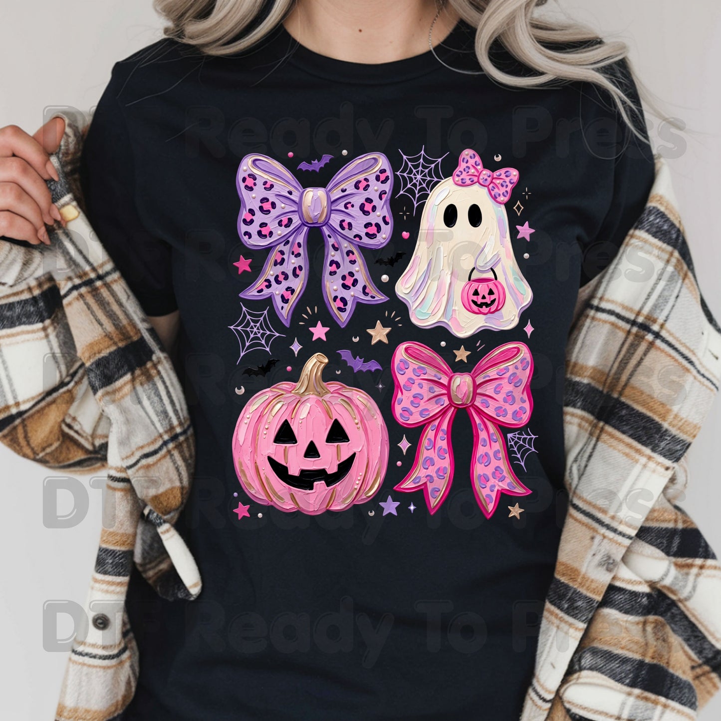 Coquette Halloween Ghost DTF Transfers, Pink Pumpkin Leopard Bow Spooky Cute Ready to Press