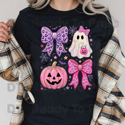 Coquette Halloween Ghost DTF Transfers, Pink Pumpkin Leopard Bow Spooky Cute Ready to Press