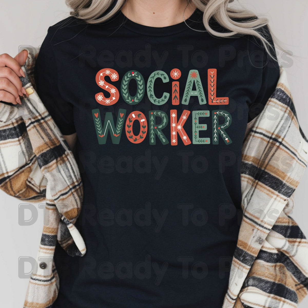 Christmas Social Worker DTF Transfers, Community Snowflake Botanical Holiday Ready to Press