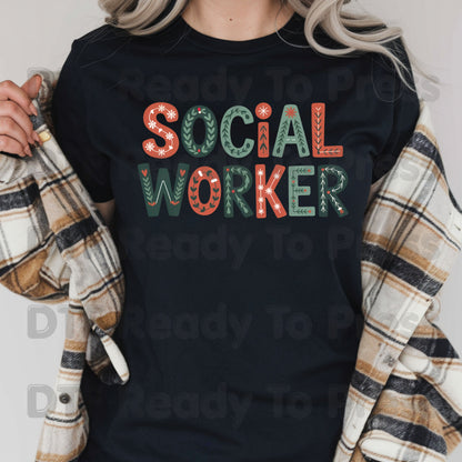 Christmas Social Worker DTF Transfers, Community Snowflake Botanical Holiday Ready to Press