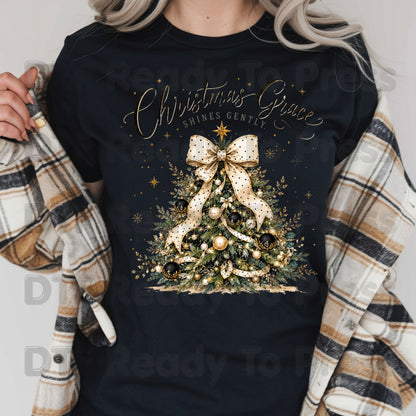 Grace Shines Gently Christmas DTF Transfers, Tree Gold Ribbon Elegant Holiday Ready to Press