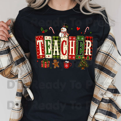 Christmas Teacher Snowman DTF Transfers, School Gingerbread Plaid Holiday Ready to Press