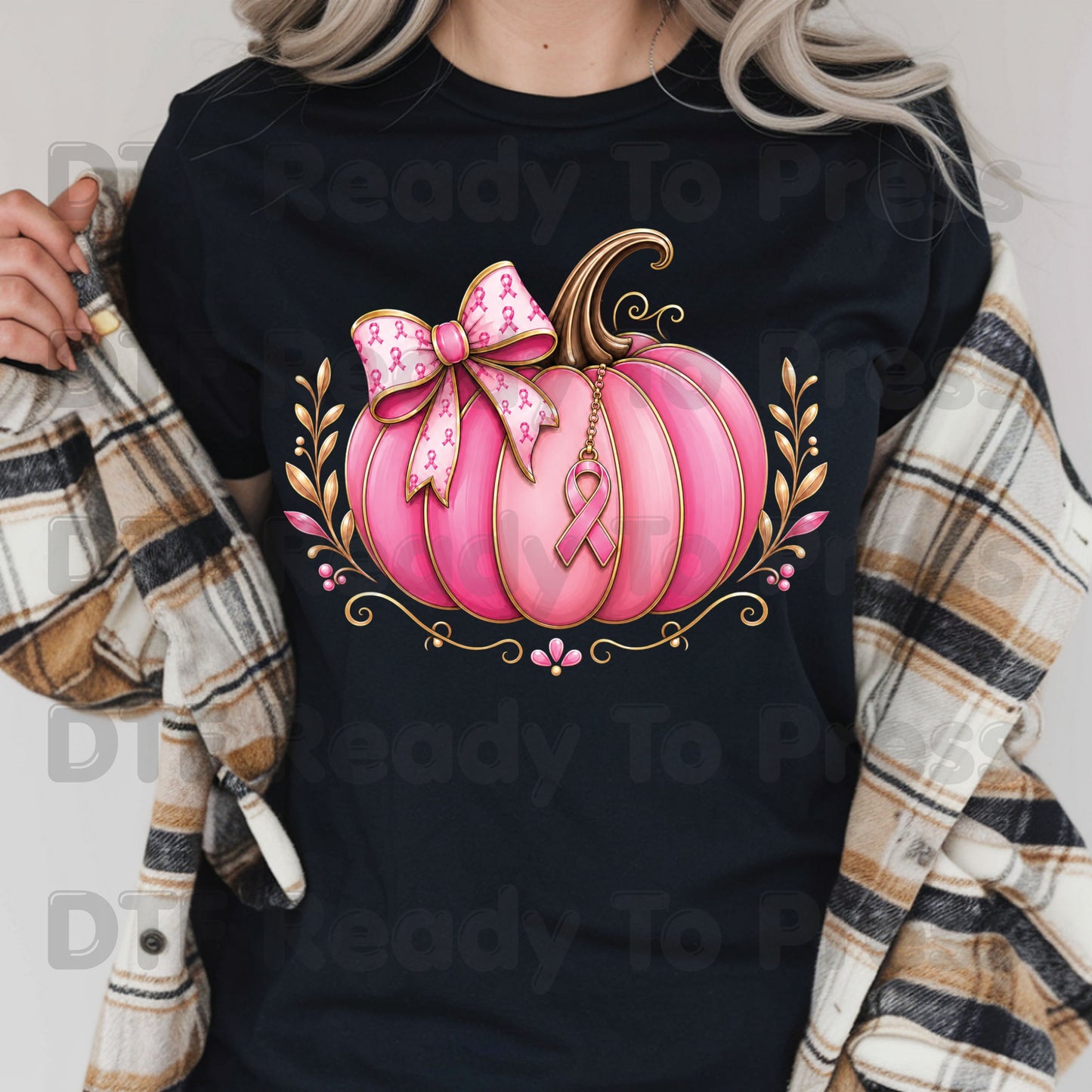 Breast Cancer DTF Transfer Ready to Press Pink Pumpkin Ribbon Bow Awareness Heat Transfer Tee Print Direct to Film Transfer