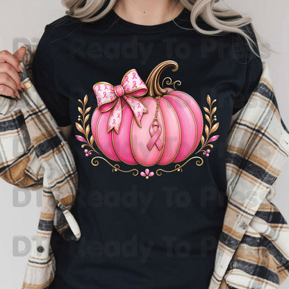 Breast Cancer DTF Transfer Ready to Press Pink Pumpkin Ribbon Bow Awareness Heat Transfer Tee Print Direct to Film Transfer