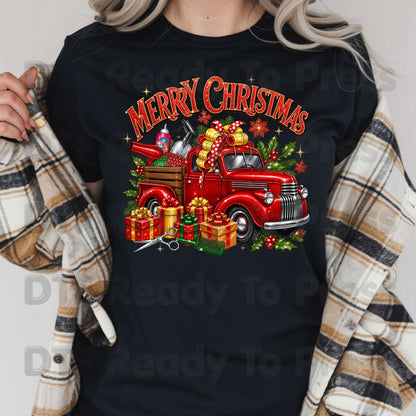 Merry Christmas Red Truck DTF Transfers, Holiday Hair Stylist Salon Presents Graphic Ready to Press