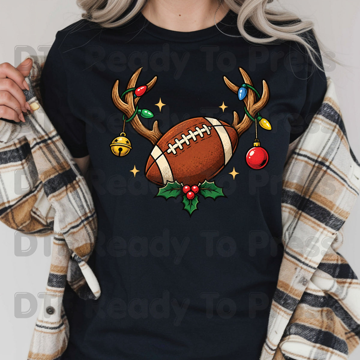 Christmas DTF Transfer, Reindeer Antlers with Football Lights and Holly Graphic