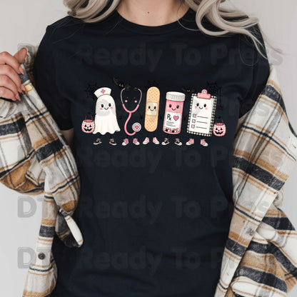Pink Spooky Nurse Squad DTF Transfers, Halloween Ghost Stethoscope Medical Bandage Ready to Press