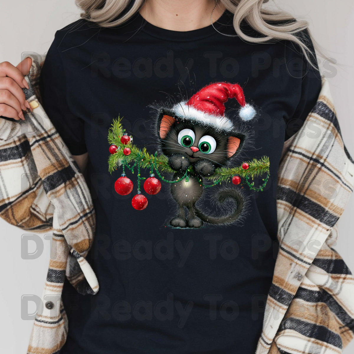 Black Cat Christmas DTF Transfers, Santa Hat Christmas Lights Cute Kitten Holiday Ready to Press