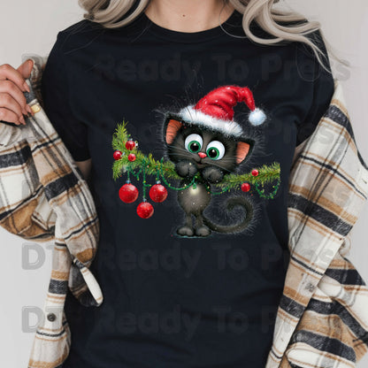 Black Cat Christmas DTF Transfers, Santa Hat Christmas Lights Cute Kitten Holiday Ready to Press