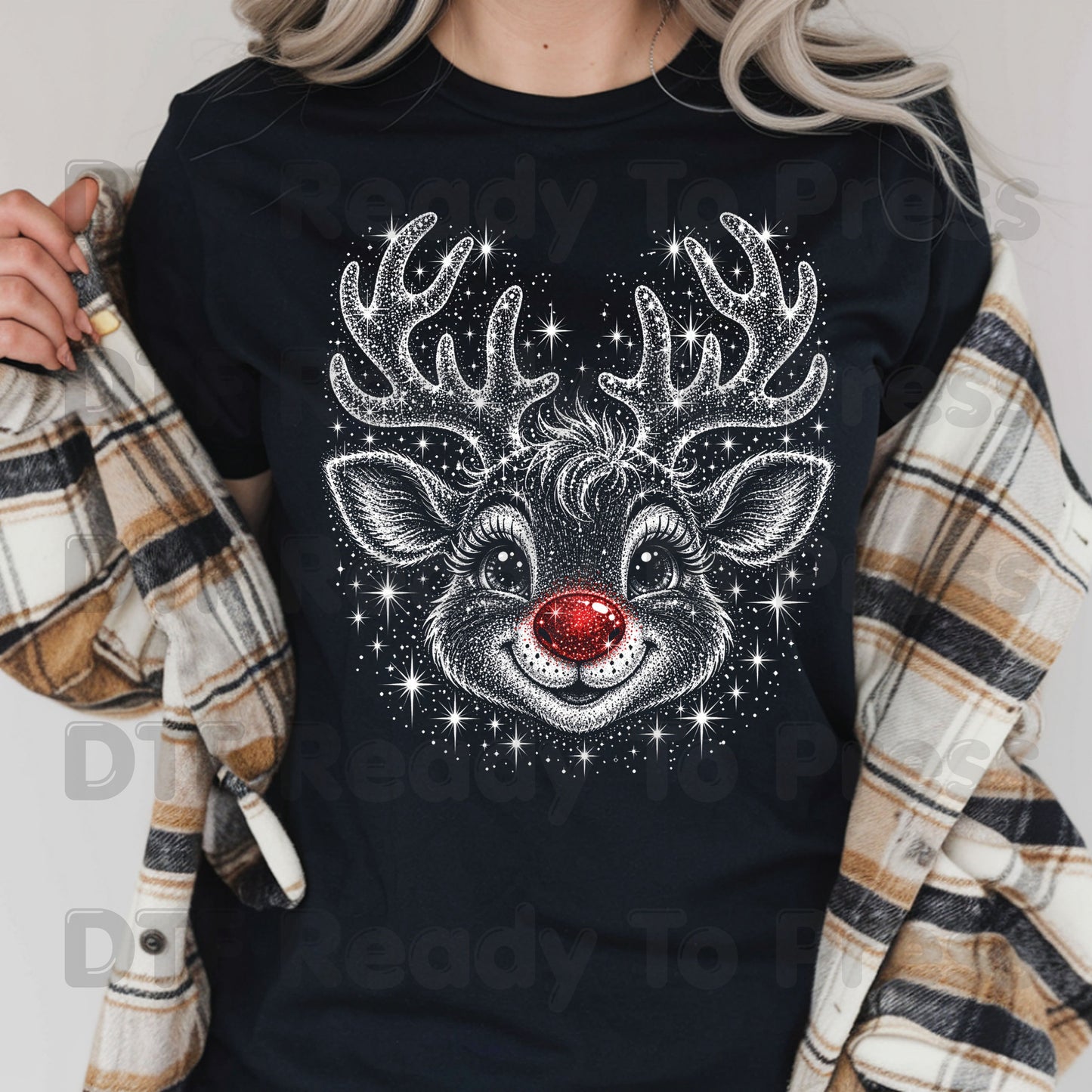 Christmas Reindeer DTF Transfers, Red Nose Rudolph Festive Winter Sparkle Cute Holiday Ready to Press