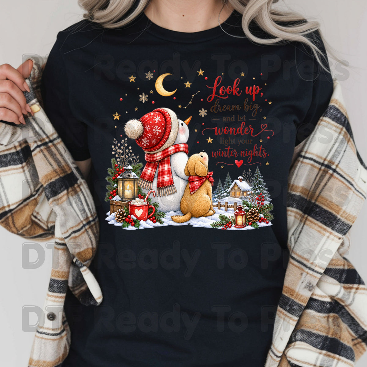 Snowman Dog DTF Transfers, Look Up Dream Big Quote Cute Winter Christmas Ready to Press