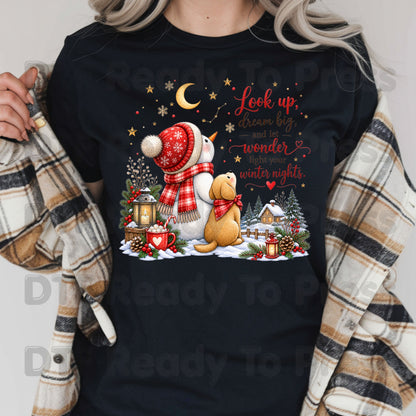 Snowman Dog DTF Transfers, Look Up Dream Big Quote Cute Winter Christmas Ready to Press
