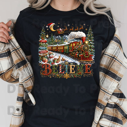 Believe Christmas Express DTF Transfers, Santa Sleigh Vintage Holiday Train Ready to Press