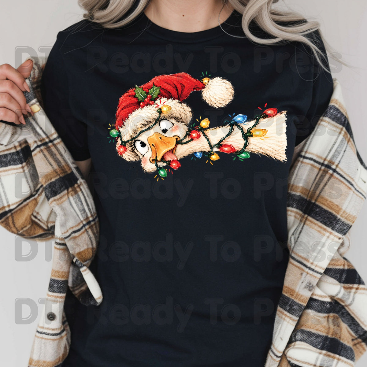 Christmas DTF Transfer, Funny Goose with Tangled Lights and Santa Hat