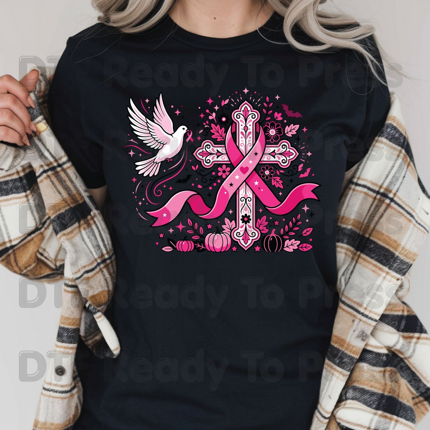 Pink Cross Dove Breast Cancer Awareness DTF Transfer Ready to Press Faith Heat Transfer Tee
