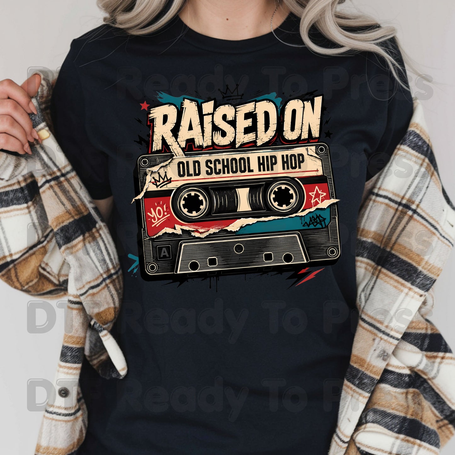 Vintage Cassette Tape DTF Transfers, Raised on Old School Hip Hop Retro Music Graffiti Crown Ready to Press