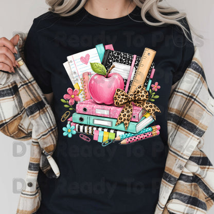 Pink Apple School Supplies DTF Transfers, Books Leopard Bow Back to School Teacher Student Ready to Press