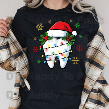 Christmas Tooth Santa Hat DTF Transfers, Dental Holiday Lights Snowflake Festive Ready to Press