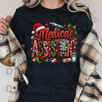 Christmas Medical Assistant DTF Transfers, Healthcare Scrubs Syringe Holiday Ready to Press