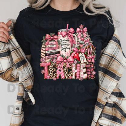 Christmas Pink Teacher Bow DTF Transfers, School Tumbler Leopard Holiday Ready to Press