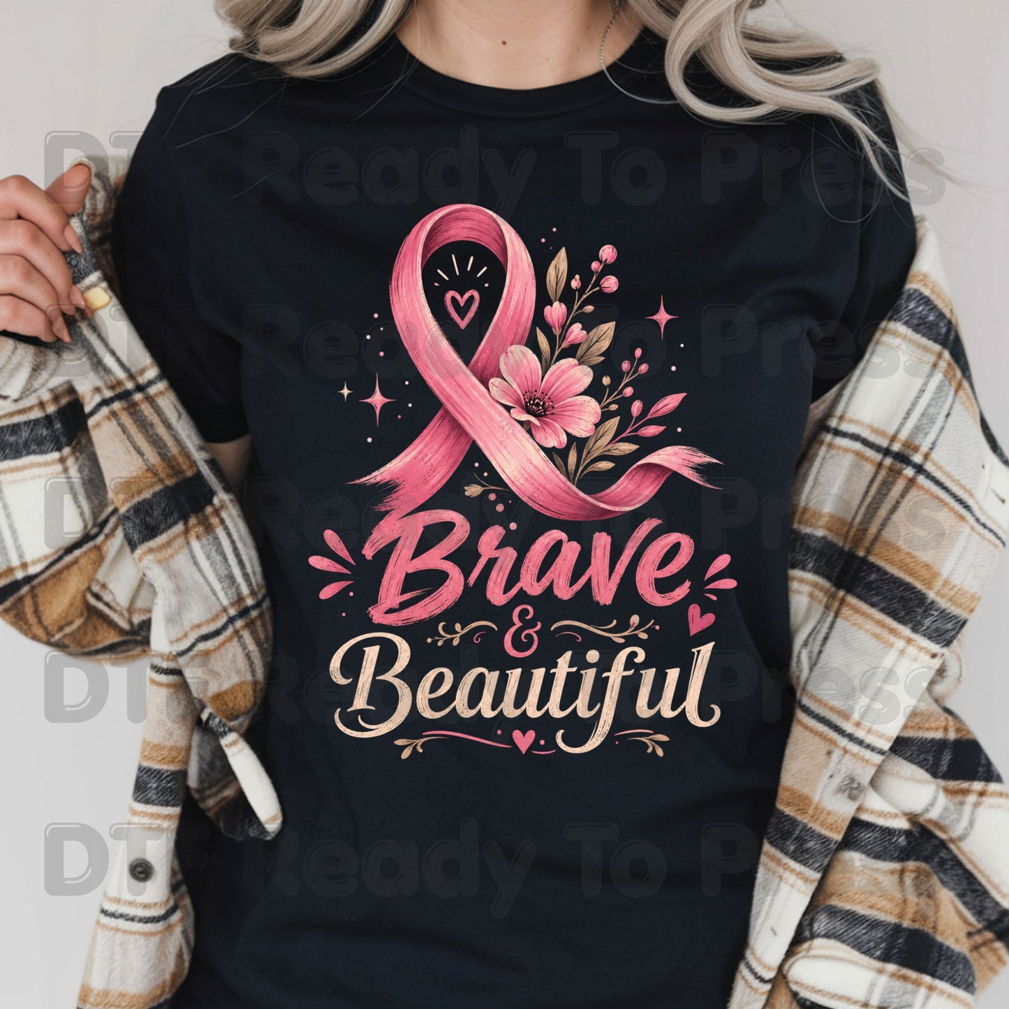 Brave and Beautiful Breast Cancer Awareness DTF Transfer Ready to Press Heat Transfer Pink Floral Ribbon Tee