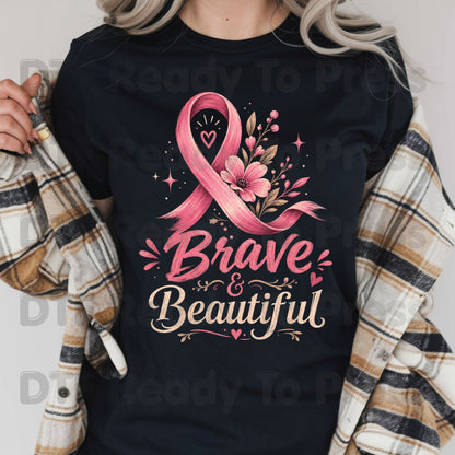 Brave and Beautiful Breast Cancer Awareness DTF Transfer Ready to Press Heat Transfer Pink Floral Ribbon Tee