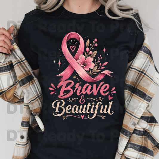 Brave and Beautiful Breast Cancer Awareness DTF Transfer Ready to Press Heat Transfer Pink Floral Ribbon Tee