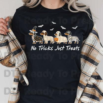 Halloween Dachshund DTF Transfer Ready to Press No Tricks Just Treats Heat Transfer For Shirts Skeleton Ghost Mummy Wiener Dog Spooky Print