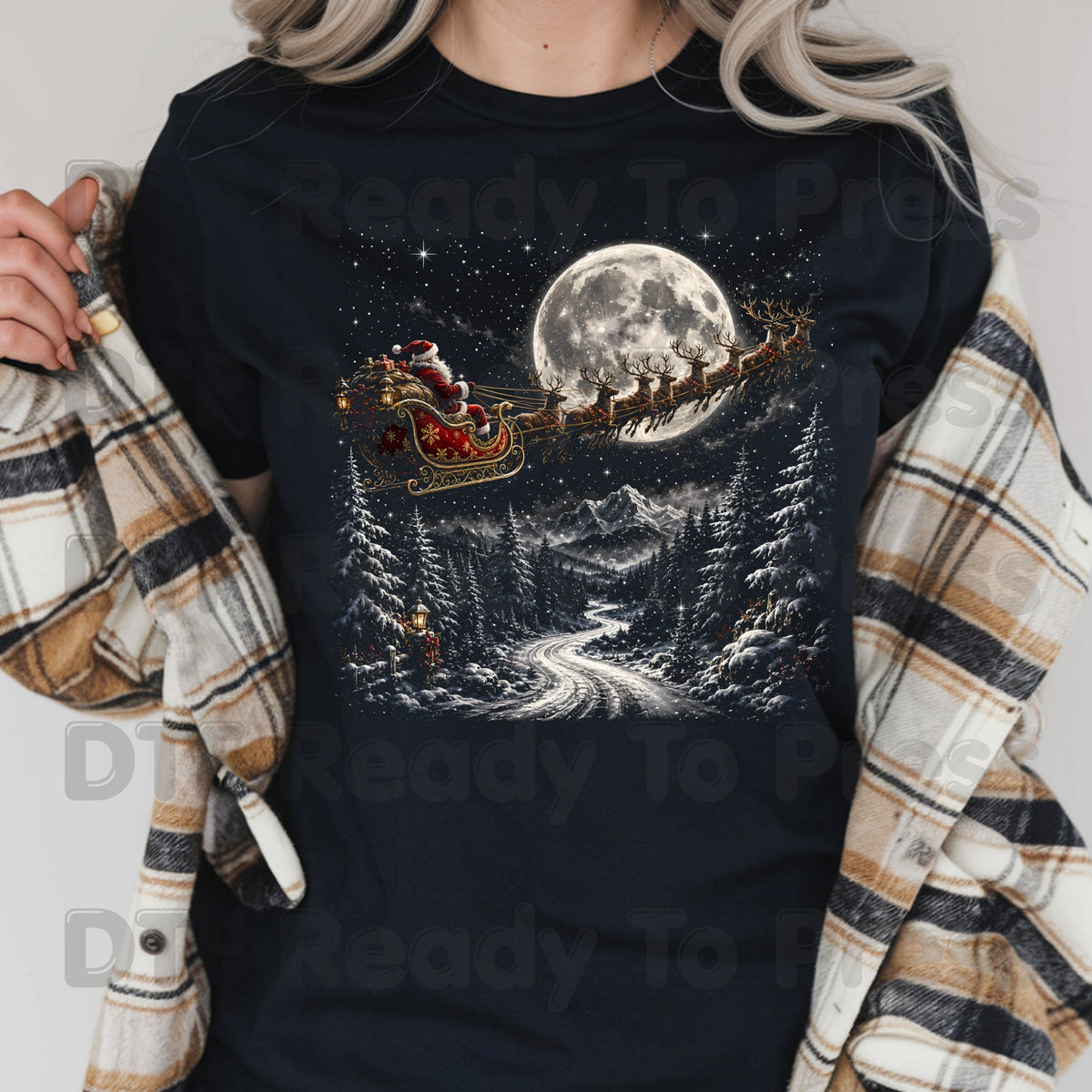 Christmas Santa DTF Transfers, Sleigh Flying Over Full Moon Vintage Winter Forest Ready to Press