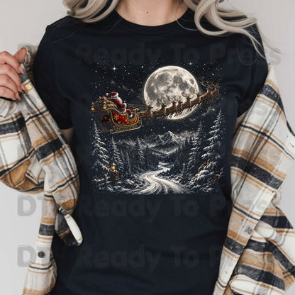 Christmas Santa DTF Transfers, Sleigh Flying Over Full Moon Vintage Winter Forest Ready to Press