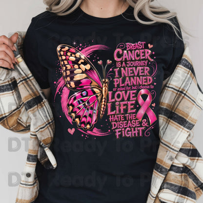 Breast Cancer Is A Journey Butterfly Breast Cancer Awareness DTF Transfer Ready to Press Heat Transfer Tee