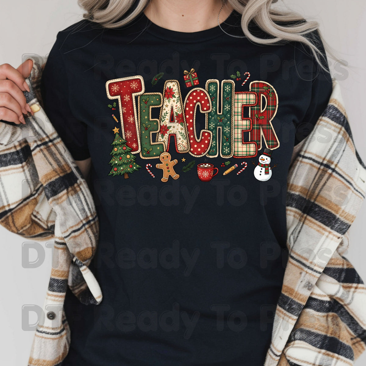 Christmas Teacher Patchwork DTF Transfers, School Snowman Plaid Holiday Ready to Press