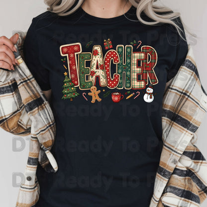 Christmas Teacher Patchwork DTF Transfers, School Snowman Plaid Holiday Ready to Press