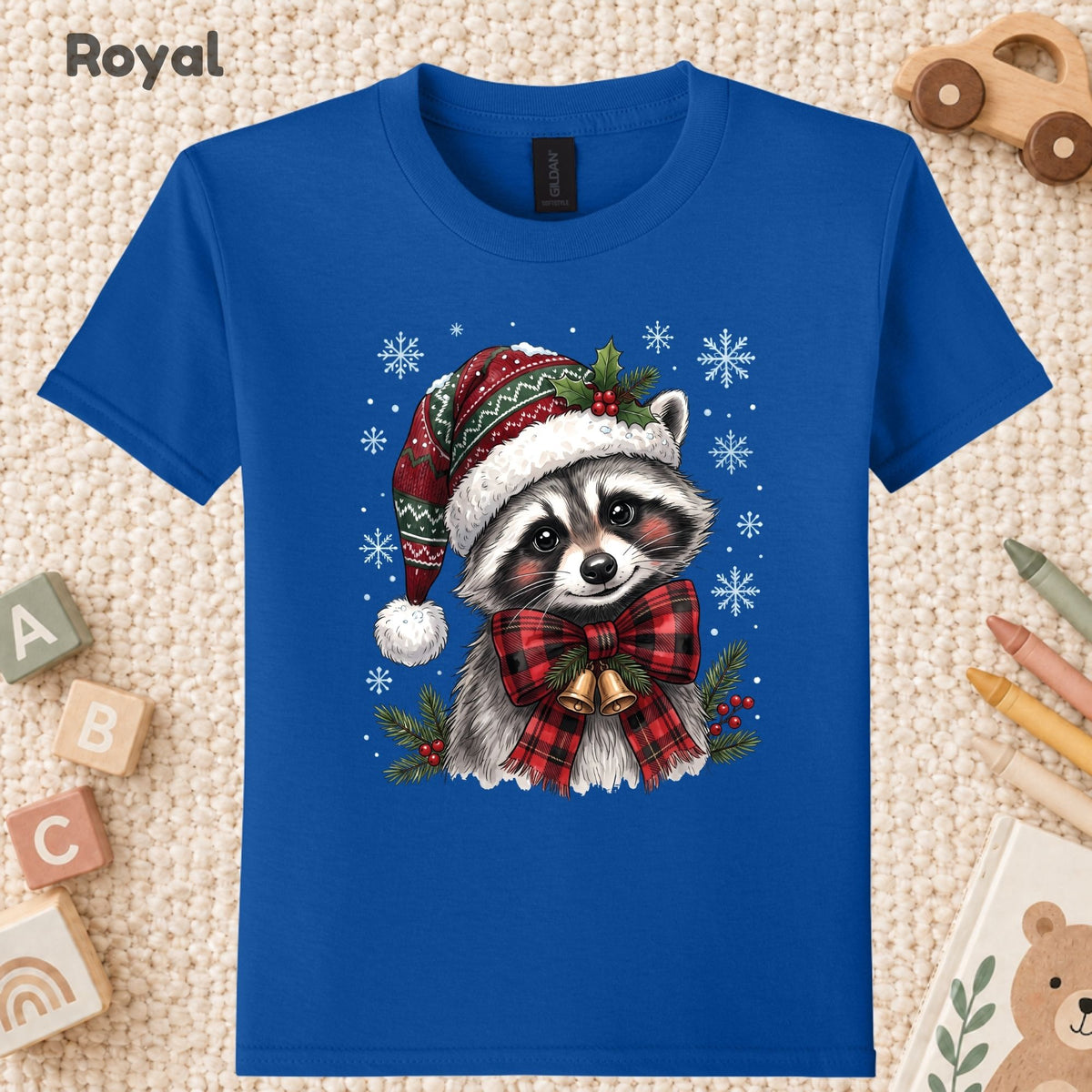 Christmas Raccoon T-Shirt, Santa Hat Buffalo Plaid Bow and Bells Tee, Festive Holiday Sweatshirt