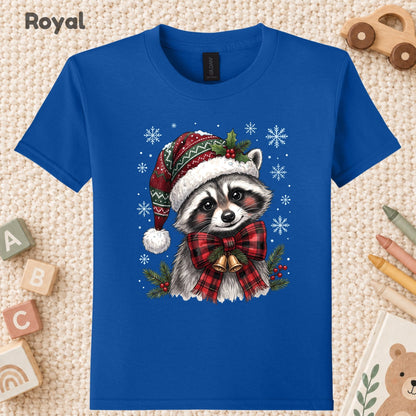 Christmas Raccoon T-Shirt, Santa Hat Buffalo Plaid Bow and Bells Tee, Festive Holiday Sweatshirt