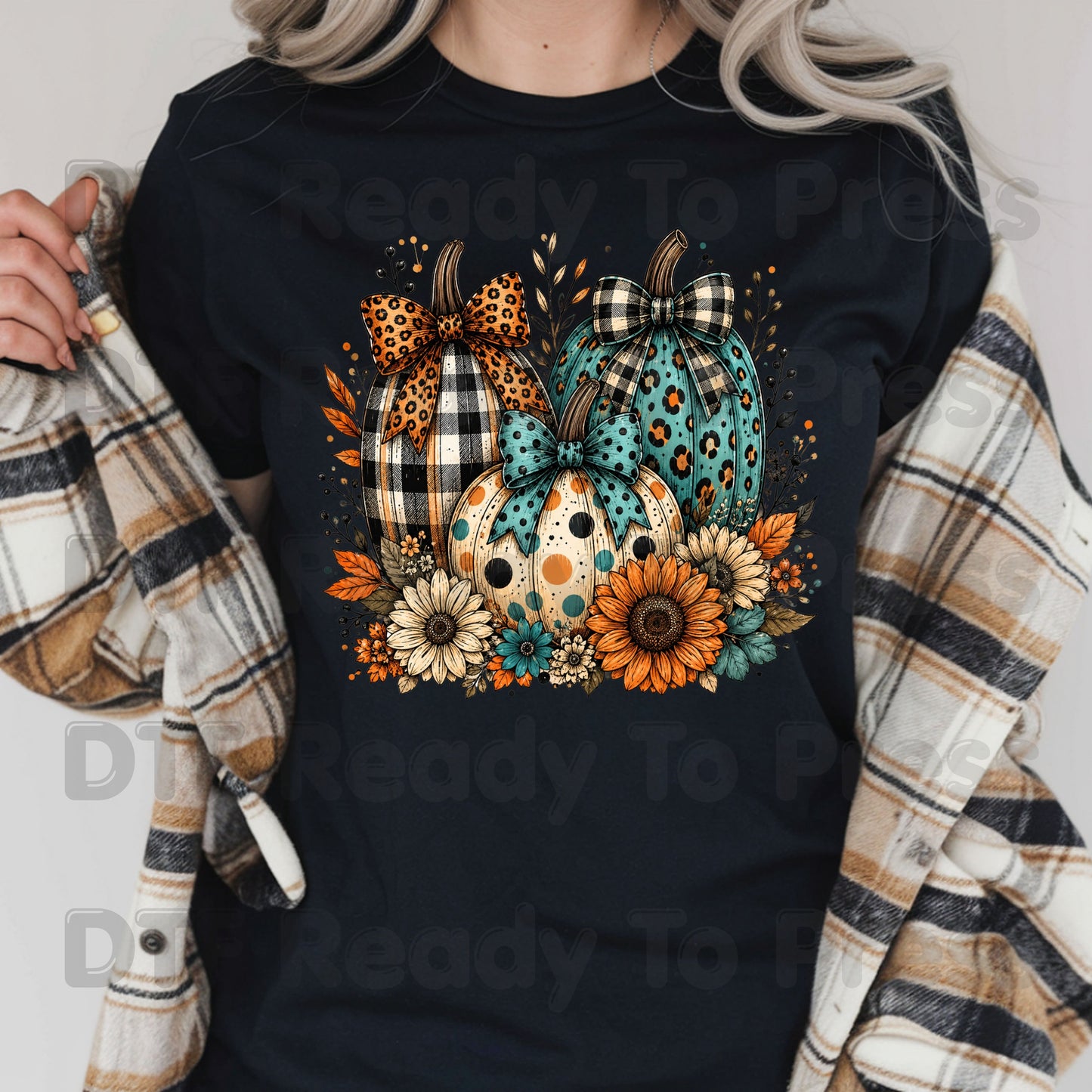 Fall DTF Transfers, Leopard Plaid Pumpkins Teal Orange Floral Thanksgiving Ready to Press