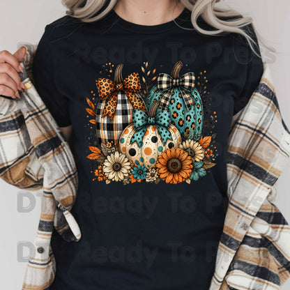 Fall DTF Transfers, Leopard Plaid Pumpkins Teal Orange Floral Thanksgiving Ready to Press