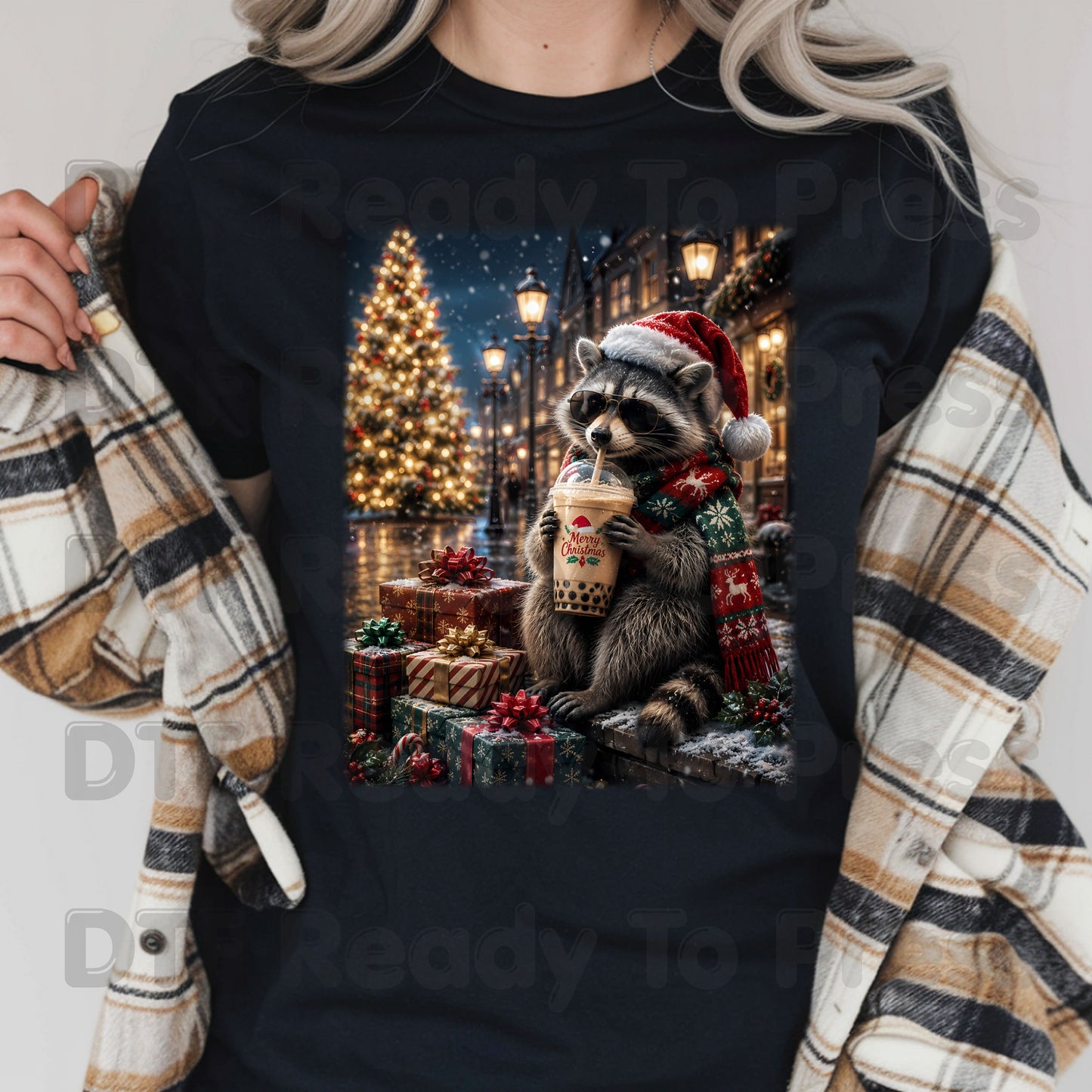 Christmas Raccoon DTF Transfers, Santa Hat Coffee Drink Cute Holiday Winter Ready to Press