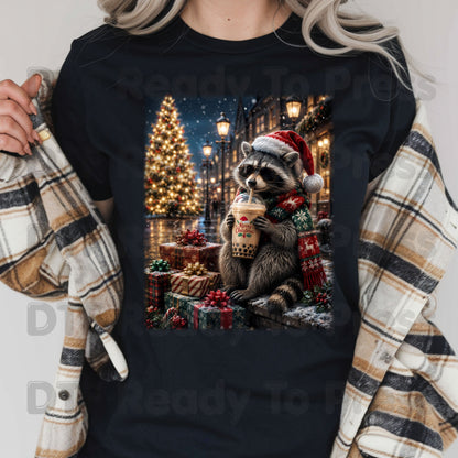 Christmas Raccoon DTF Transfers, Santa Hat Coffee Drink Cute Holiday Winter Ready to Press