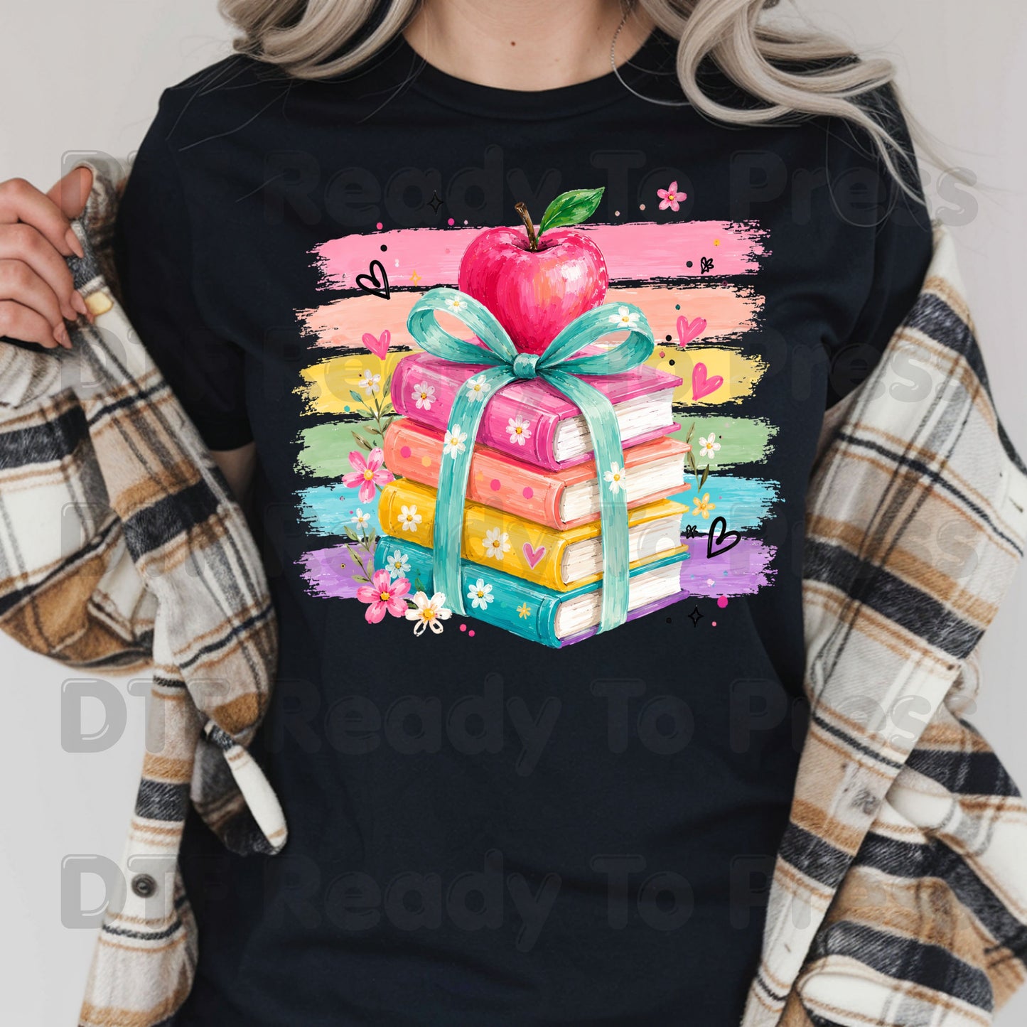 Coquette Stacked Books DTF Transfers, Apple Ribbon Colorful Teacher Brushstrokes Ready to Press