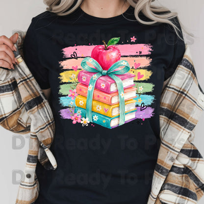 Coquette Stacked Books DTF Transfers, Apple Ribbon Colorful Teacher Brushstrokes Ready to Press